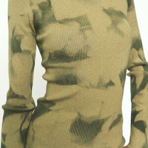 MYSTREE Olive Green Tie Dye Ribbed Mock Neck Sweater Long Sleeve Slim Fit Top